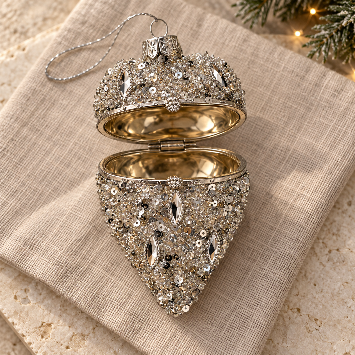 Gold Glitter Hinged Heart Glass Christmas Bauble – 9cm