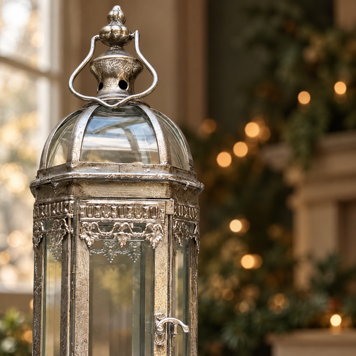 Fairmont Tall Silver Glass & Metal Lantern – 48cm