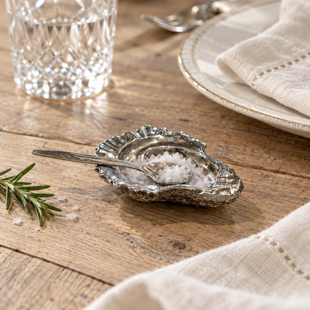 Pewter Oyster Shell Salt Cellar with Spoon