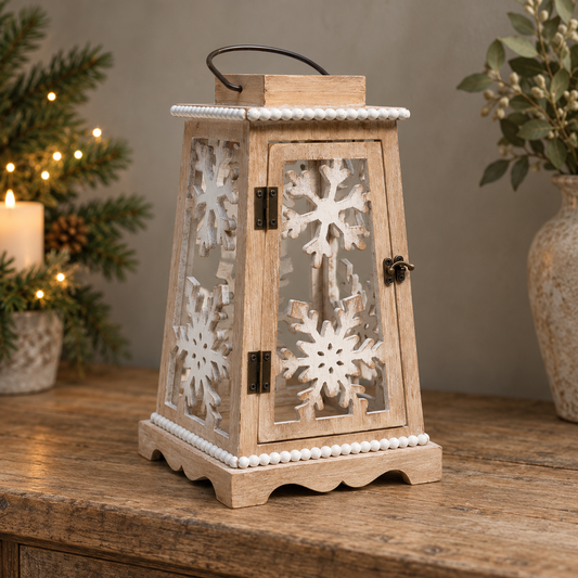 Small Whitewashed Wooden Snowflake Lantern – 42cm