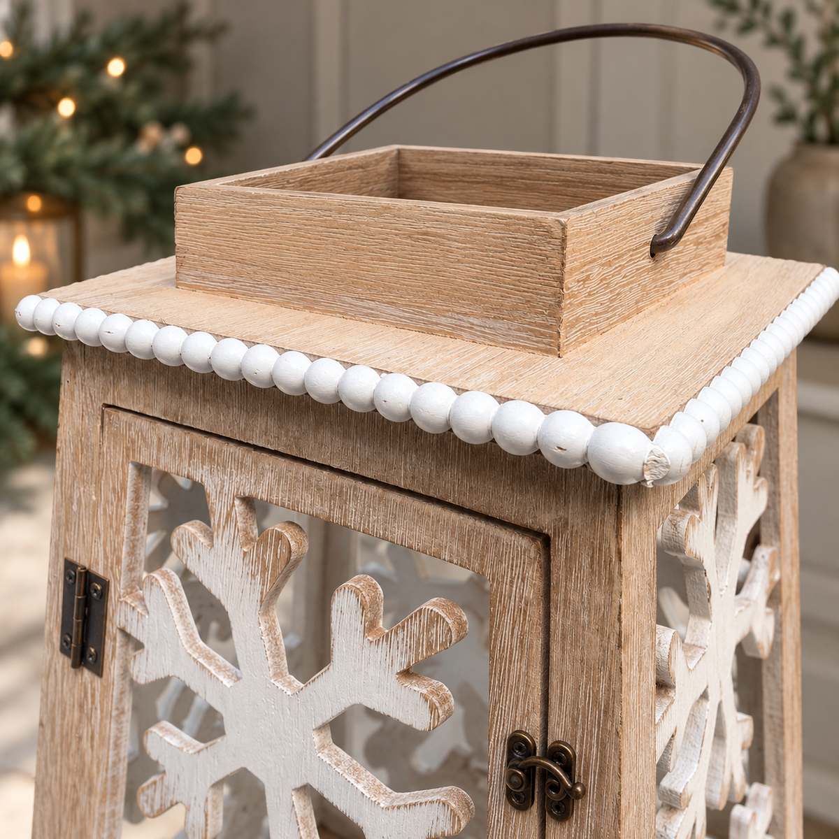 Small Whitewashed Wooden Snowflake Lantern – 42cm