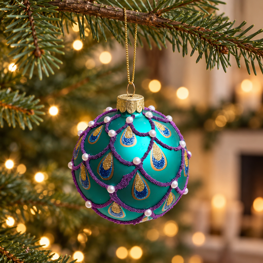 Peacock Pattern Glass Christmas Bauble – 8cm