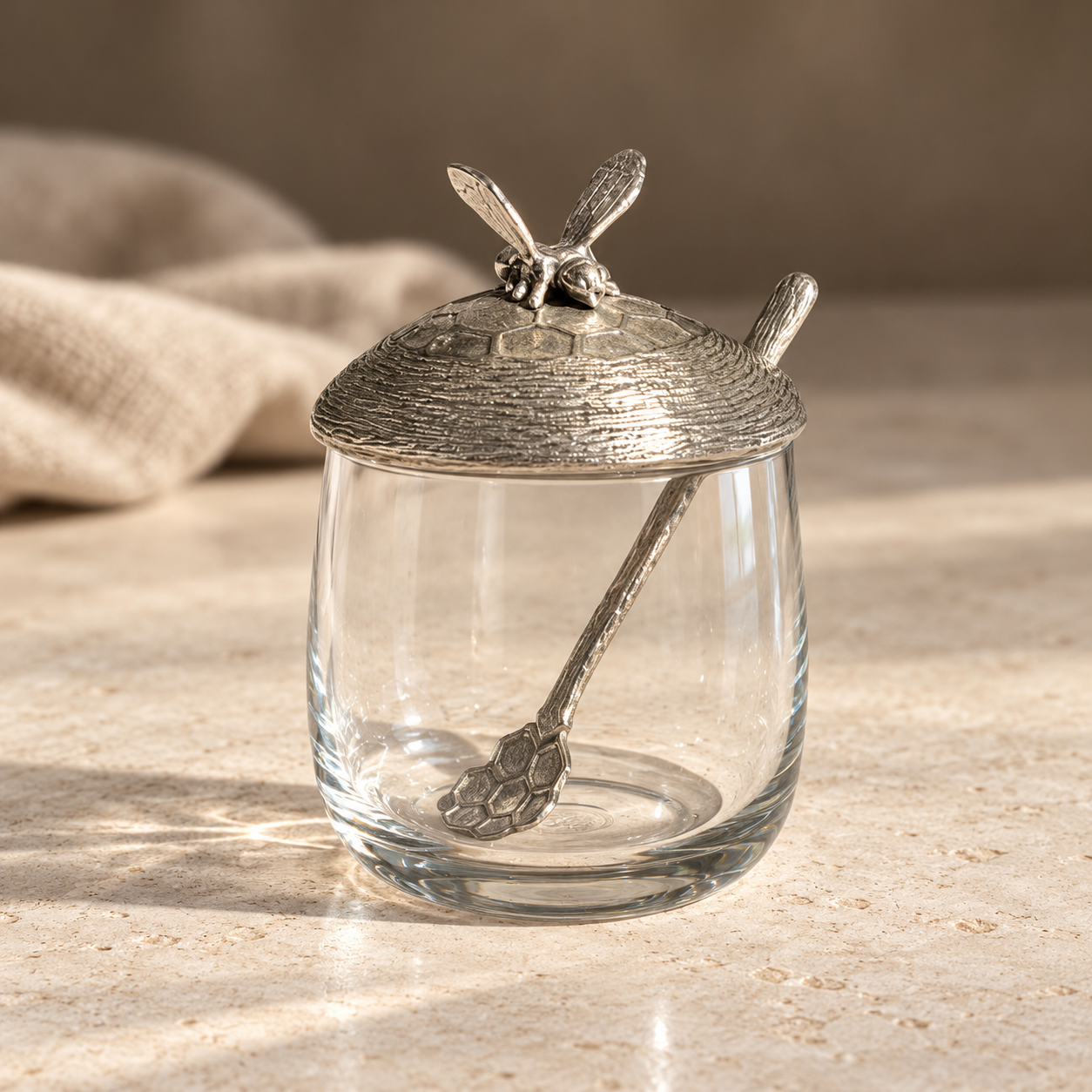 Handmade Pewter & Glass Honey Pot with Bee Lid & Spoon, 10cm