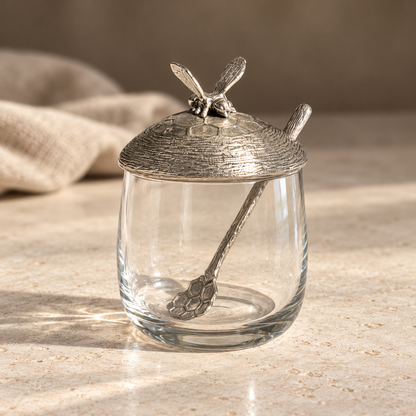 Handmade Pewter & Glass Honey Pot with Bee Lid & Spoon, 10cm