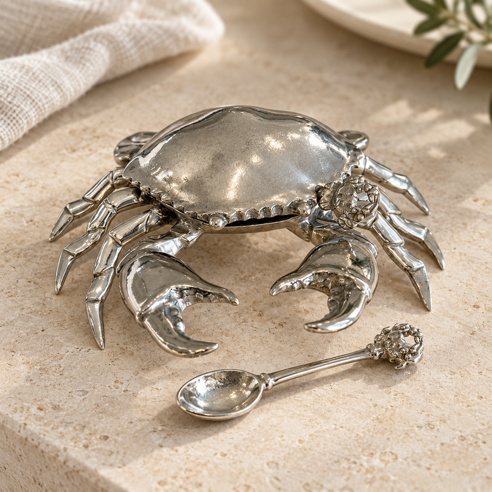 Pewter Crab Salt Pot with Spoon – 12cm