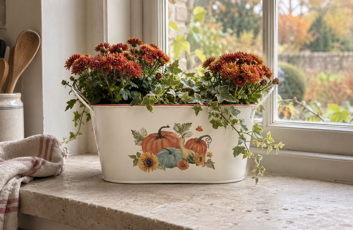 Harvest Home Pumpkin & Sunflower Metal Planter – Two Sizes