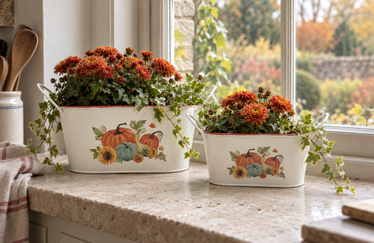 Harvest Home Pumpkin & Sunflower Metal Planter – Two Sizes