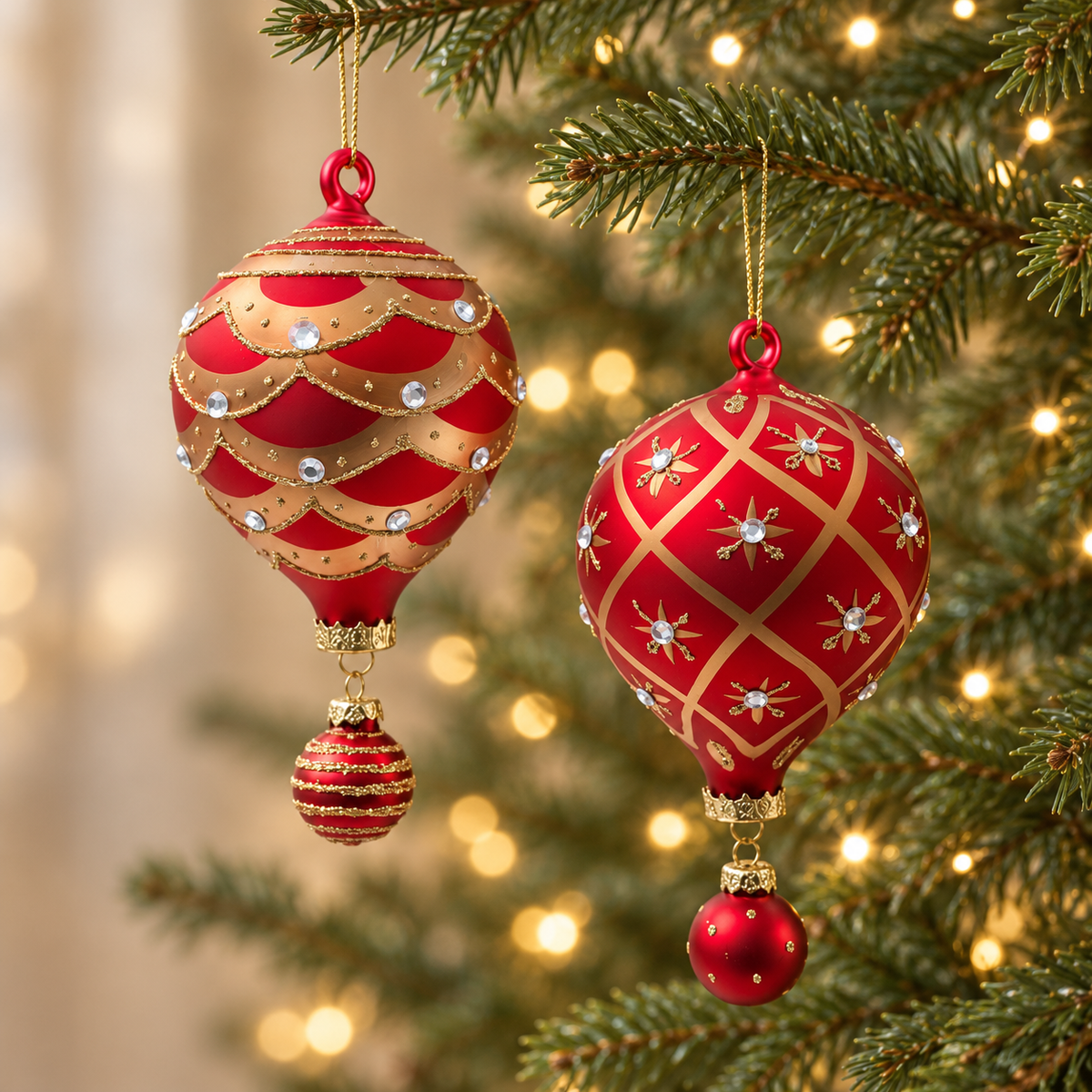 Red and gold glass hot air balloon Christmas bauble with patterned detail
