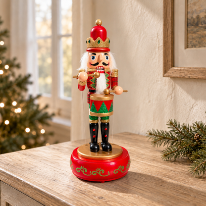 Musical Wooden Nutcracker Drummer, Hand-Painted Christmas Decoration, Blue Green or Red, 30cm