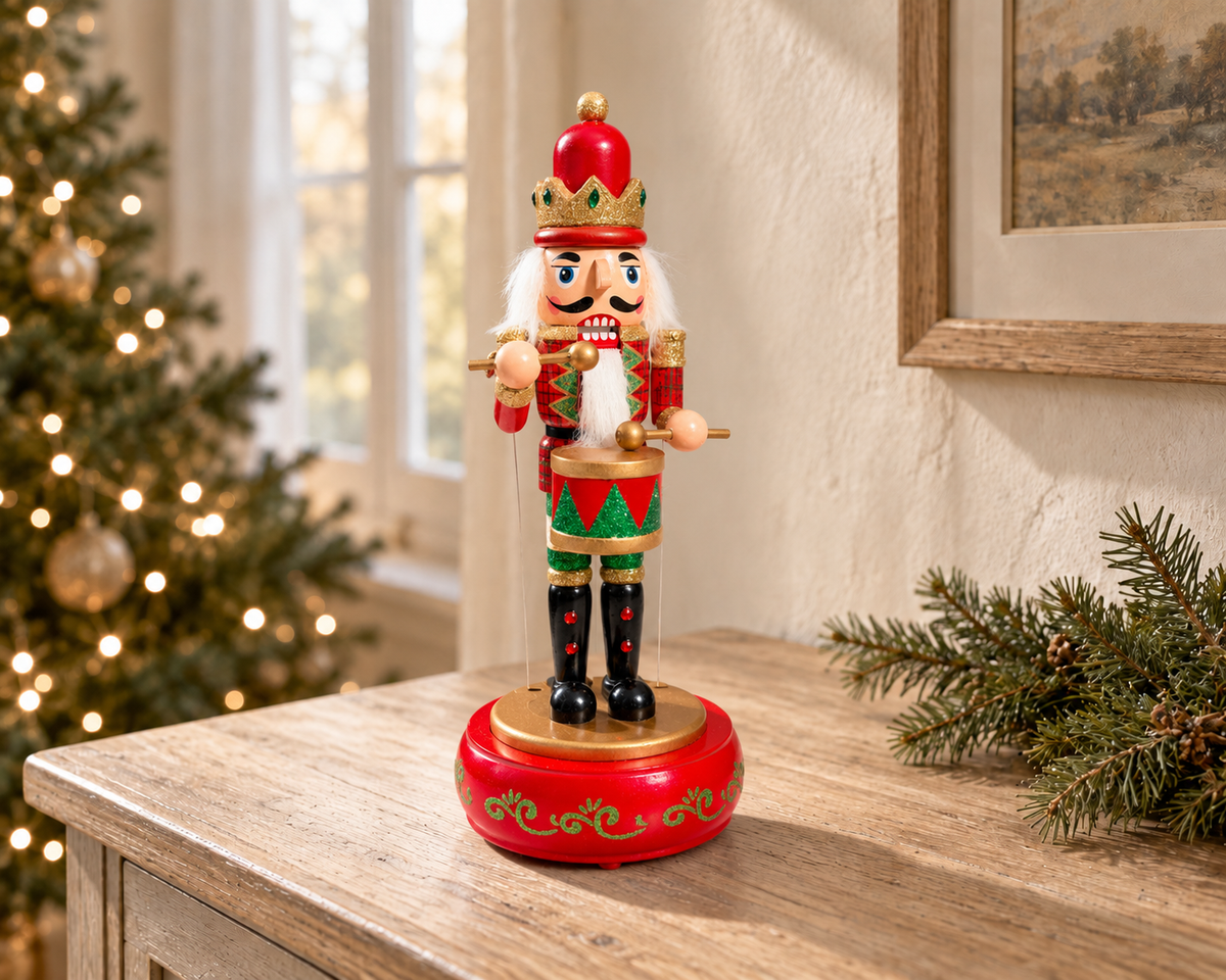 Musical Wooden Nutcracker Drummer, Hand-Painted Christmas Decoration, Blue Green or Red, 30cm