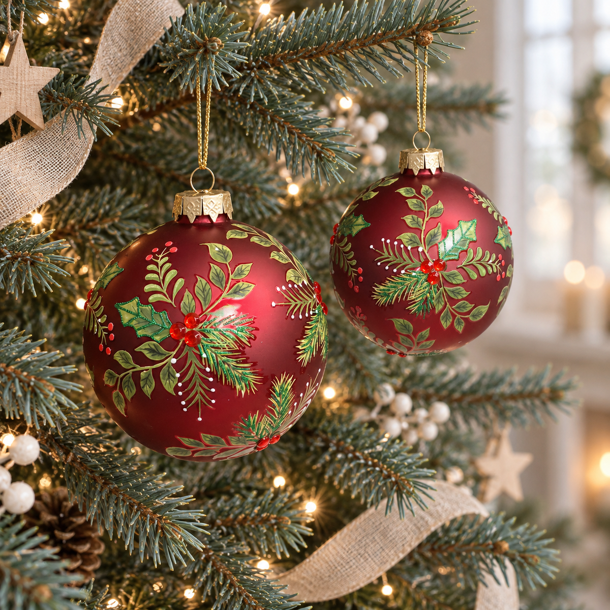 Red Botanical Glass Christmas Bauble – Two Sizes