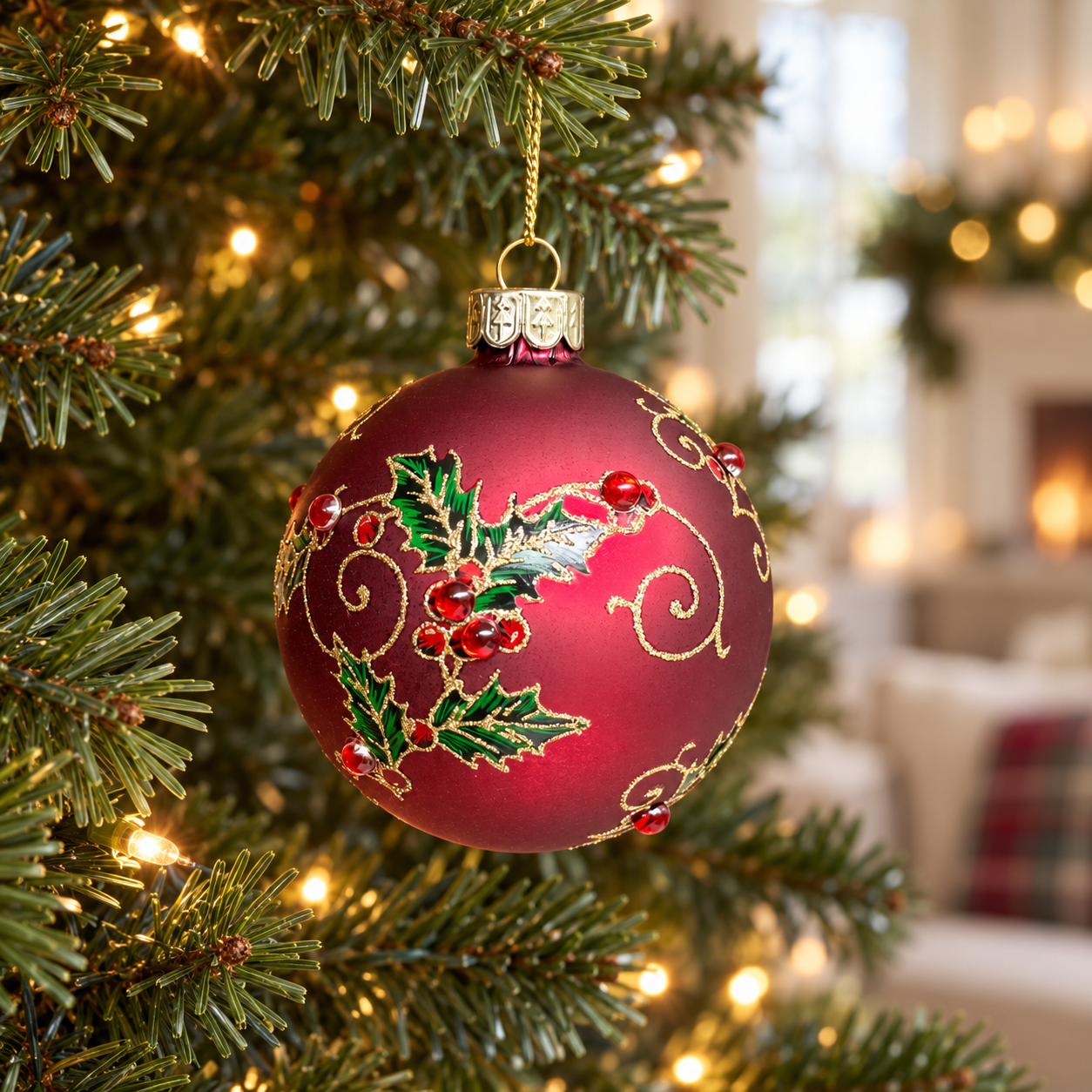 Red Glass Christmas Bauble with Holly & Gold Glitter – 8cm