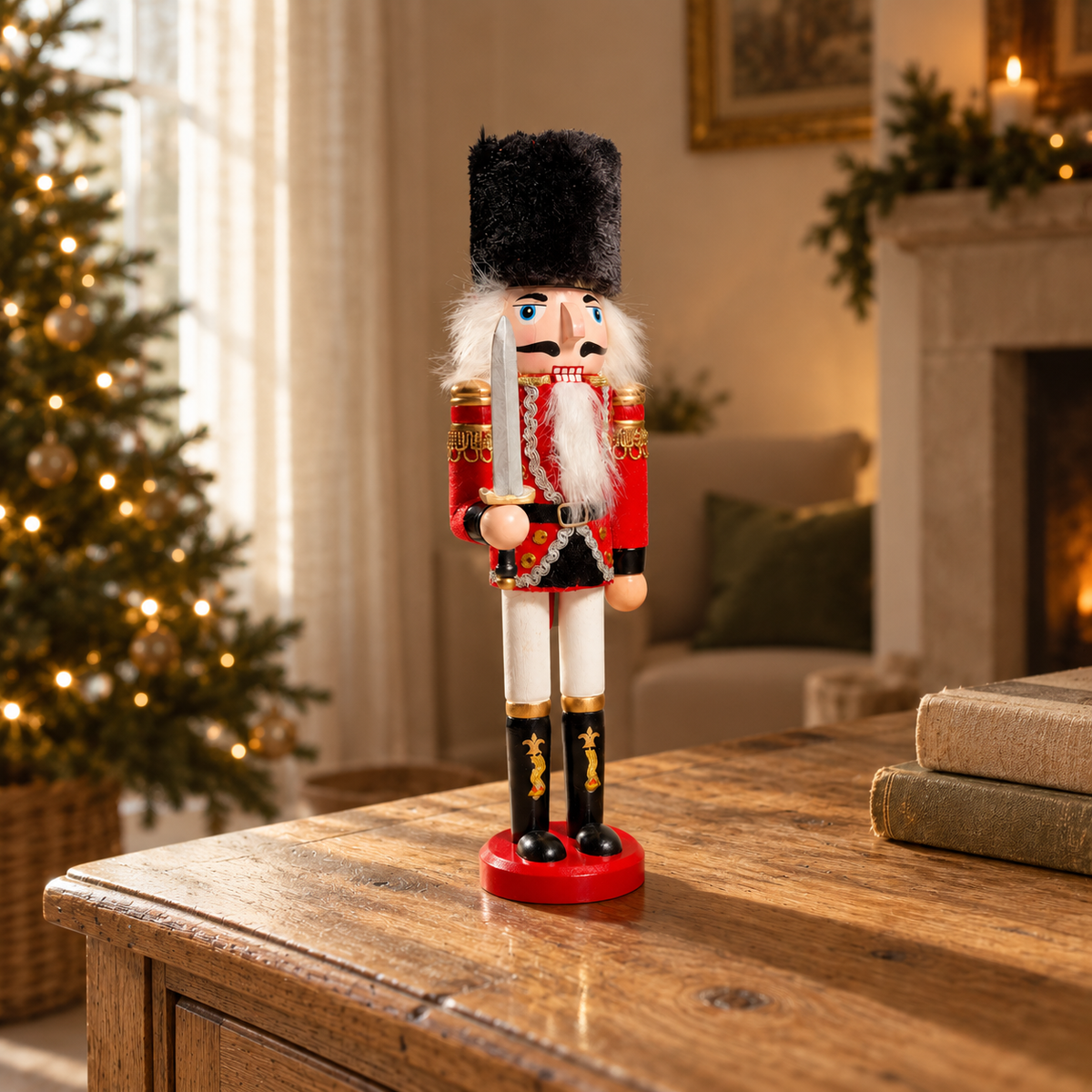 The Scarlet Sentinel – Handmade Wooden Guardsman Nutcracker with Sword, 30cm