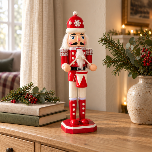 The Pearl Drummer – Handmade Red & White Wooden Nutcracker, 36cm