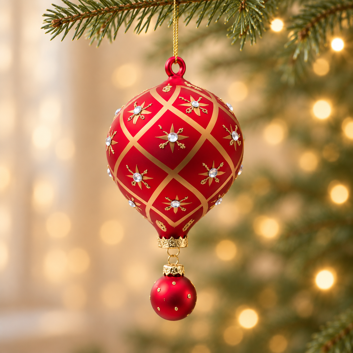 Red and gold glass hot air balloon Christmas bauble with patterned detail