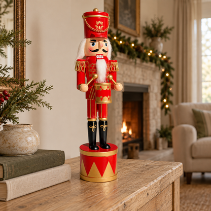 The Scarlet Drummer – Handmade Red & Gold Wooden Nutcracker, 36cm