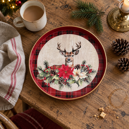 Reindeer & Tartan Round Christmas Tray – 22cm
