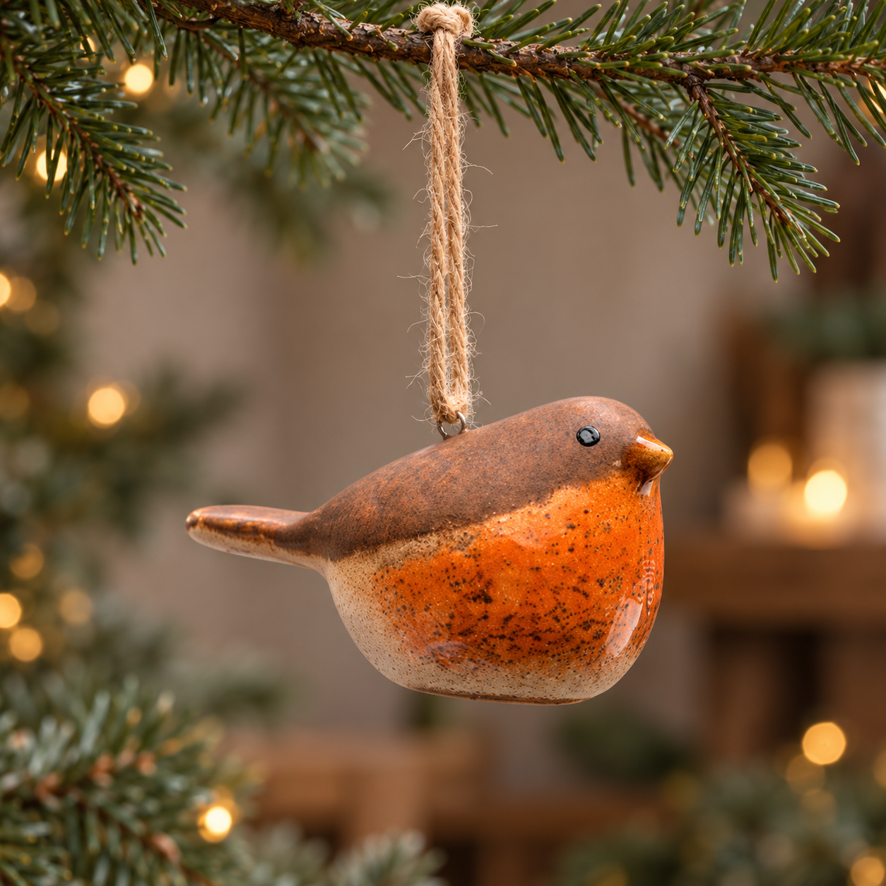 Mini ceramic robin Christmas bauble with a glazed orange breast