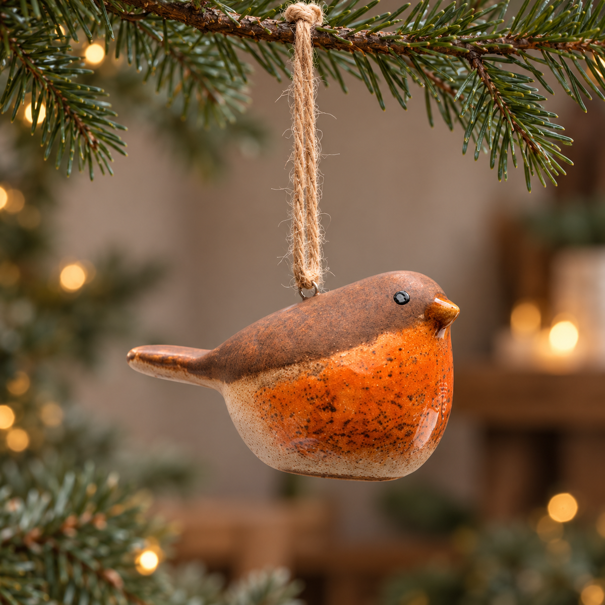 Mini ceramic robin Christmas bauble with a glazed orange breast