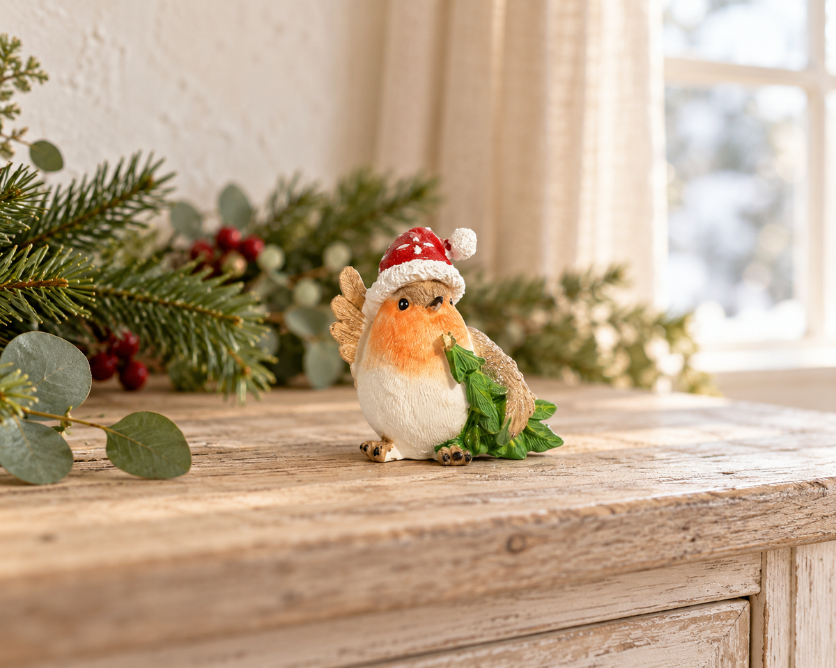 The Woodland Robin – Resin Robin with Christmas Tree Ornament, 7cm