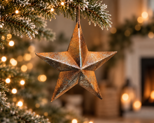 The Ember Star – Handmade Rustic Wooden Christmas Bauble, 17cm