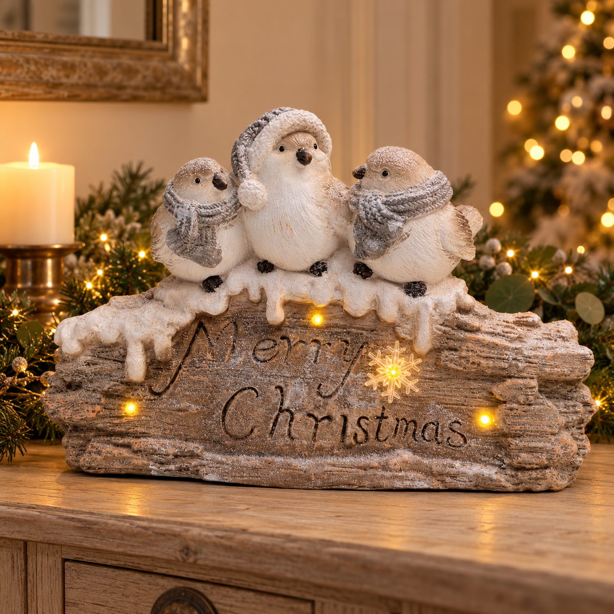 Light-Up Christmas Birds on a Log – 32cm