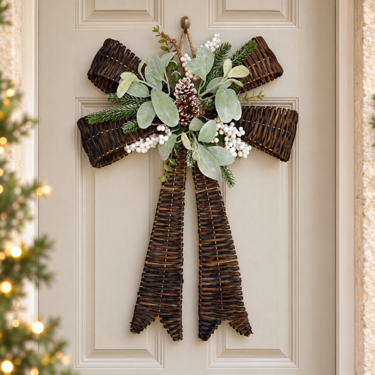 Rattan Christmas Bow with White Berries – 60cm