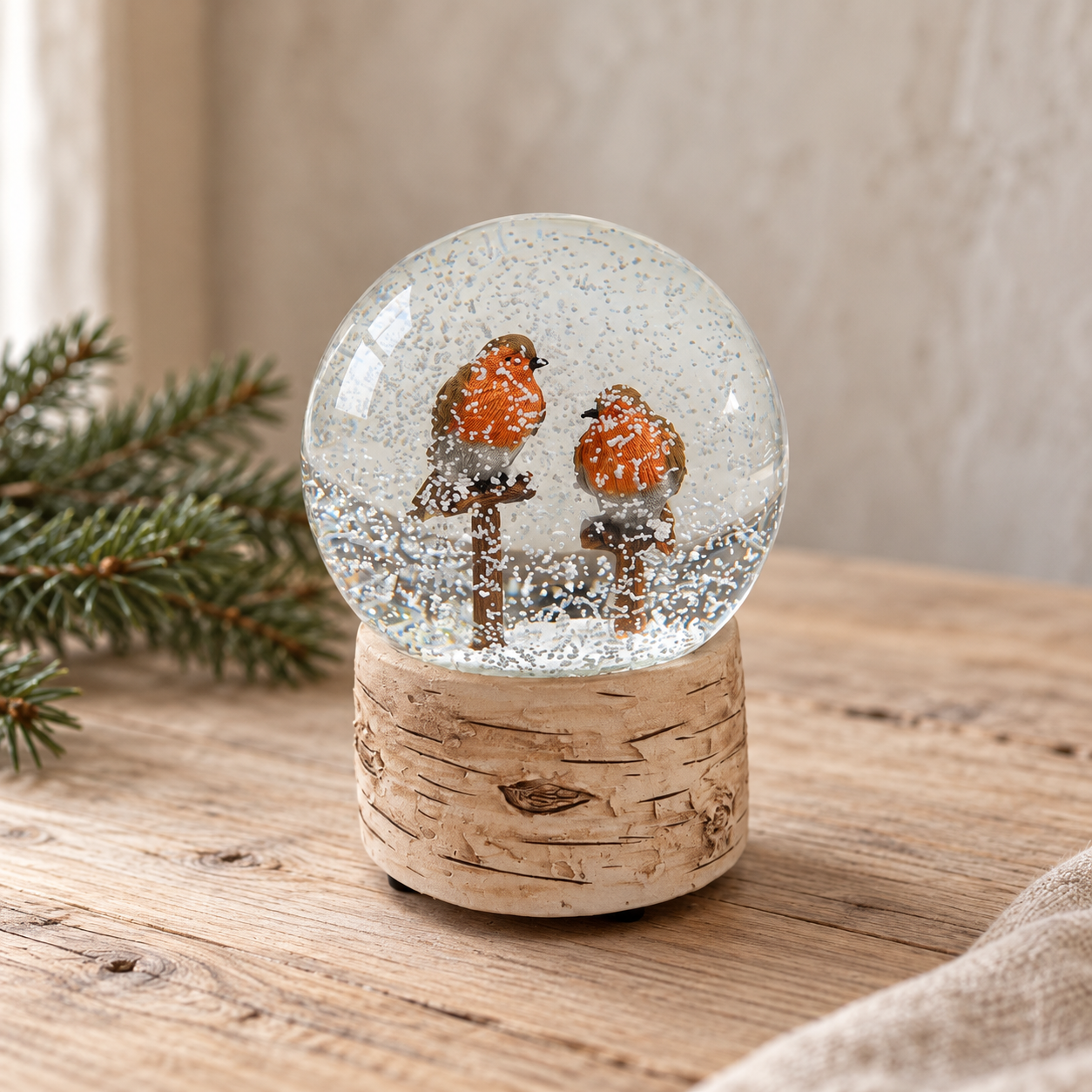Musical Robin Snow Globe with Bark-Effect Base – 13cm