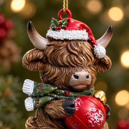Mini Highland Cow Christmas Bauble with Red Ornament