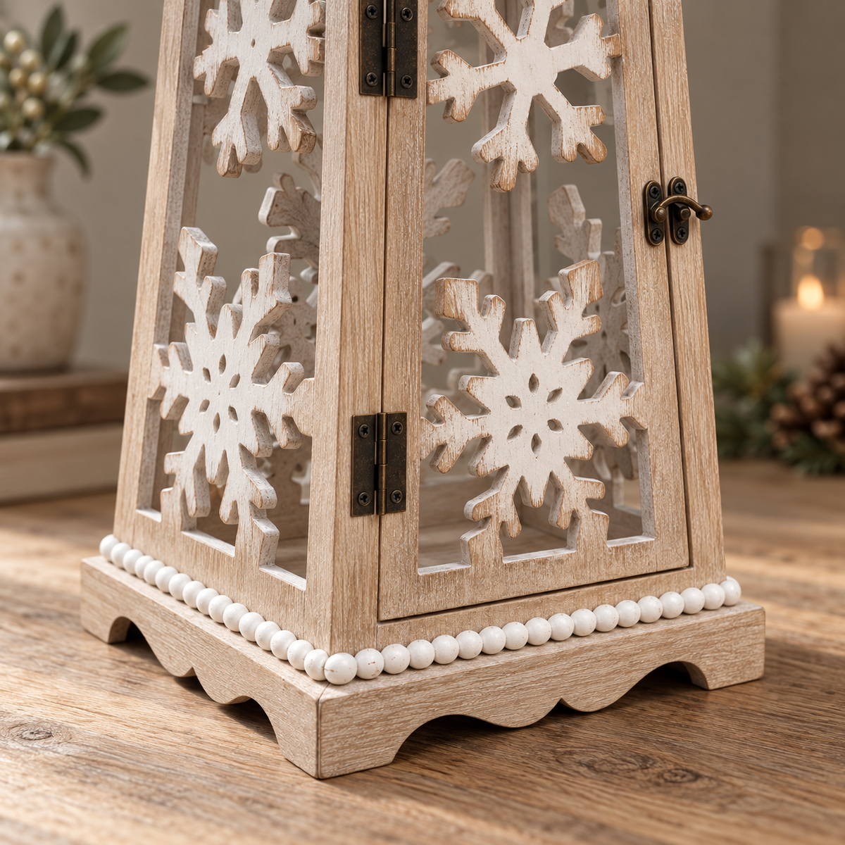 Whitewashed Wooden Snowflake Lantern