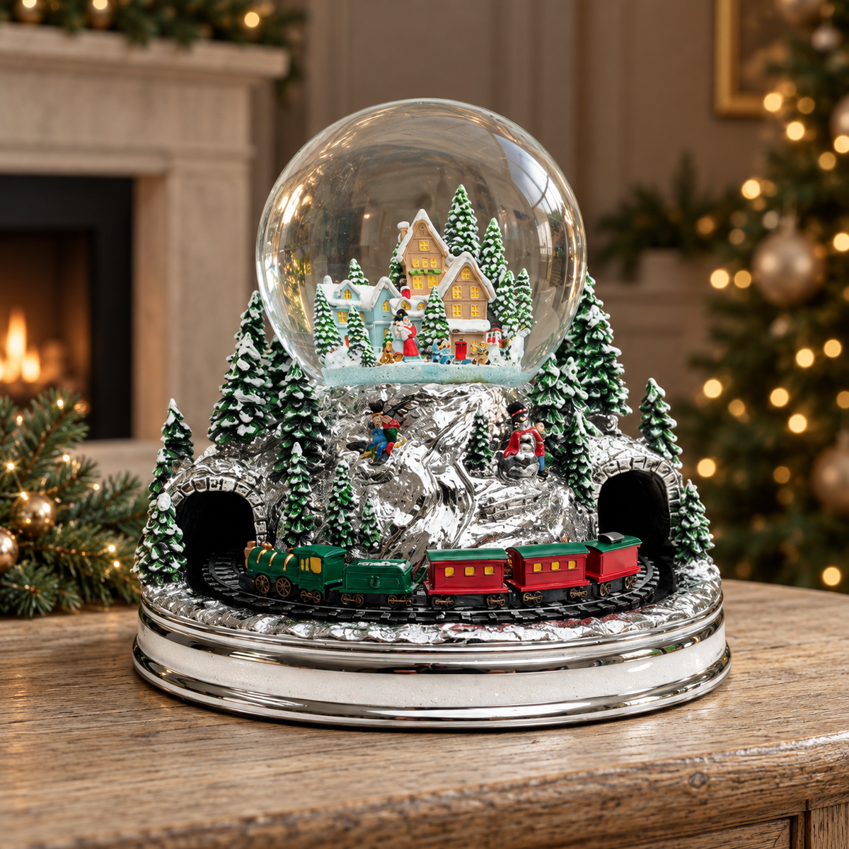Musical Winter Village Snow Globe with Rotating Train – 20cm