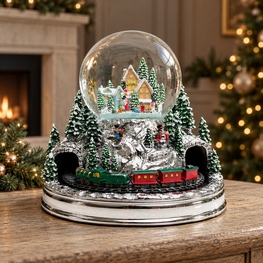 Musical Winter Village Snow Globe with Rotating Train – 20cm