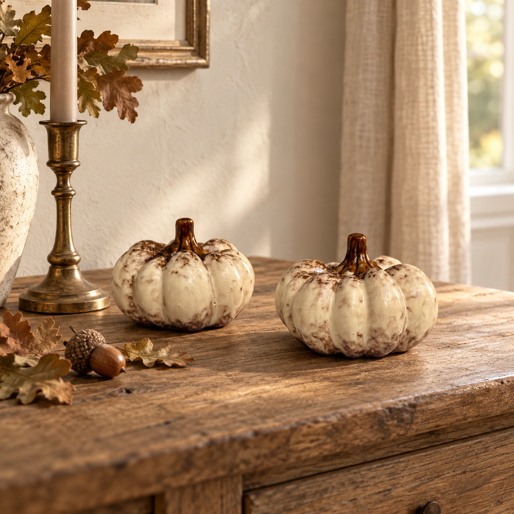 Natural Ceramic Pumpkin with Glazed Brown Stem – 9cm