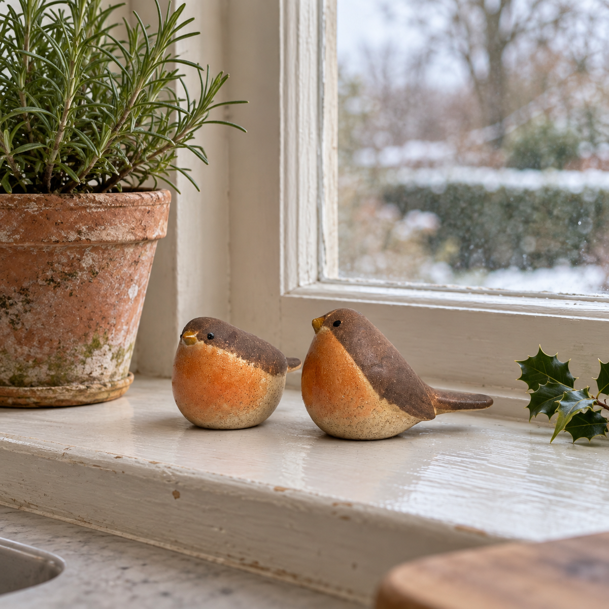 Small orange-breasted ceramic robin ornament – two poses