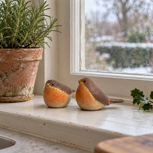 Small orange-breasted ceramic robin ornament – two poses