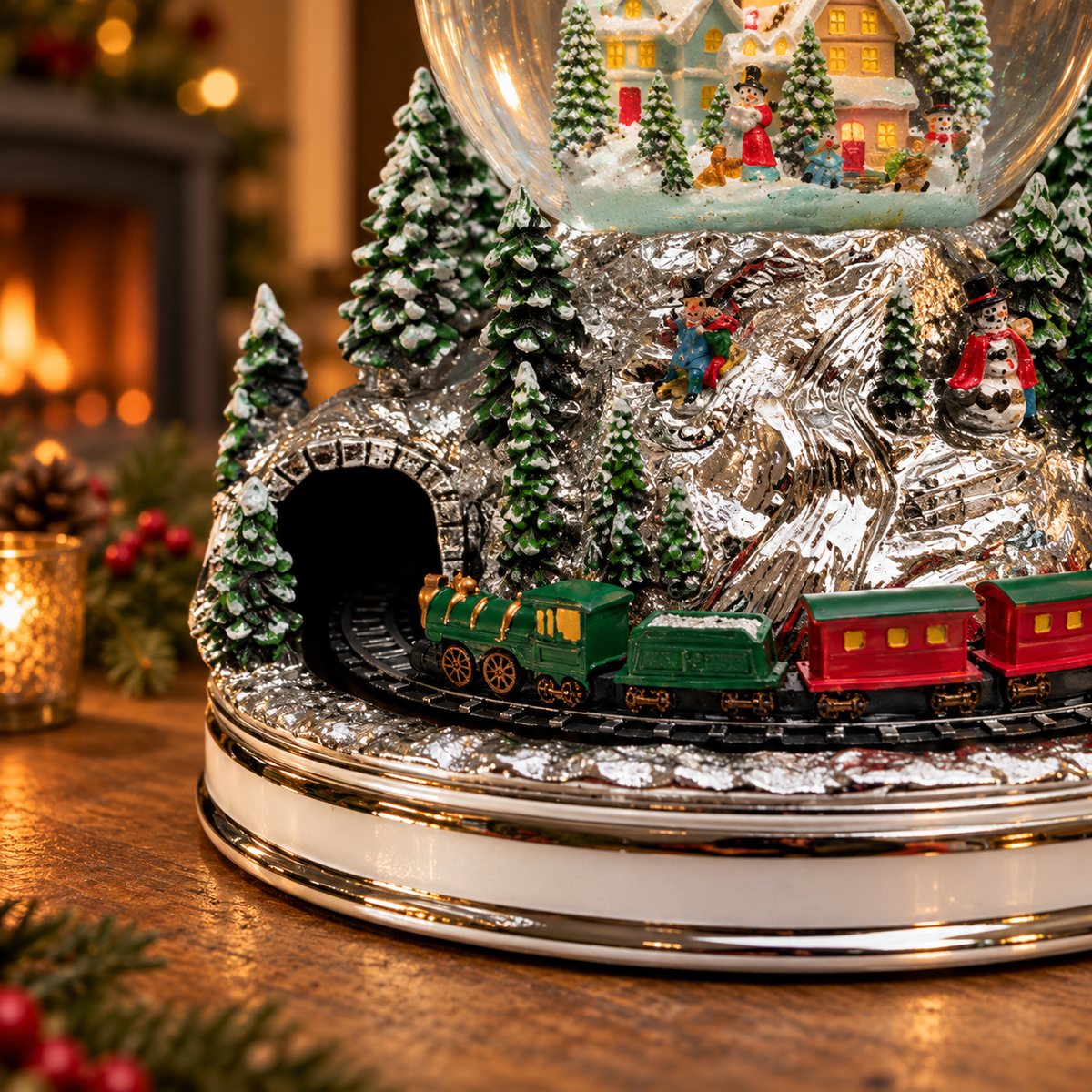 Musical Winter Village Snow Globe with Rotating Train – 20cm