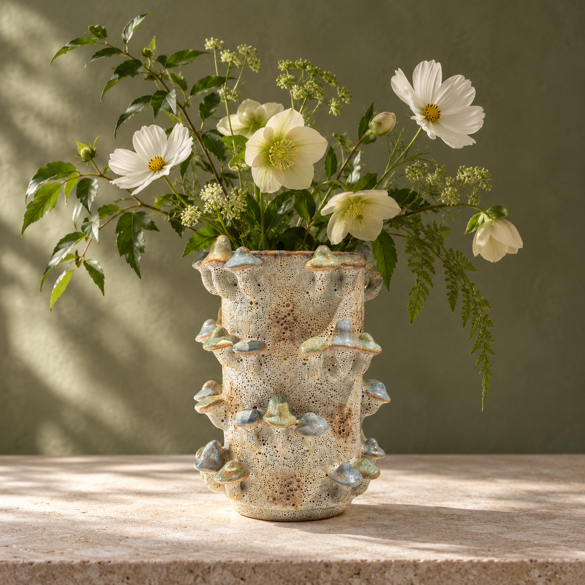 Handmade Ceramic Mushroom Vase with Coral Effect in Blue and Green 22.5cm