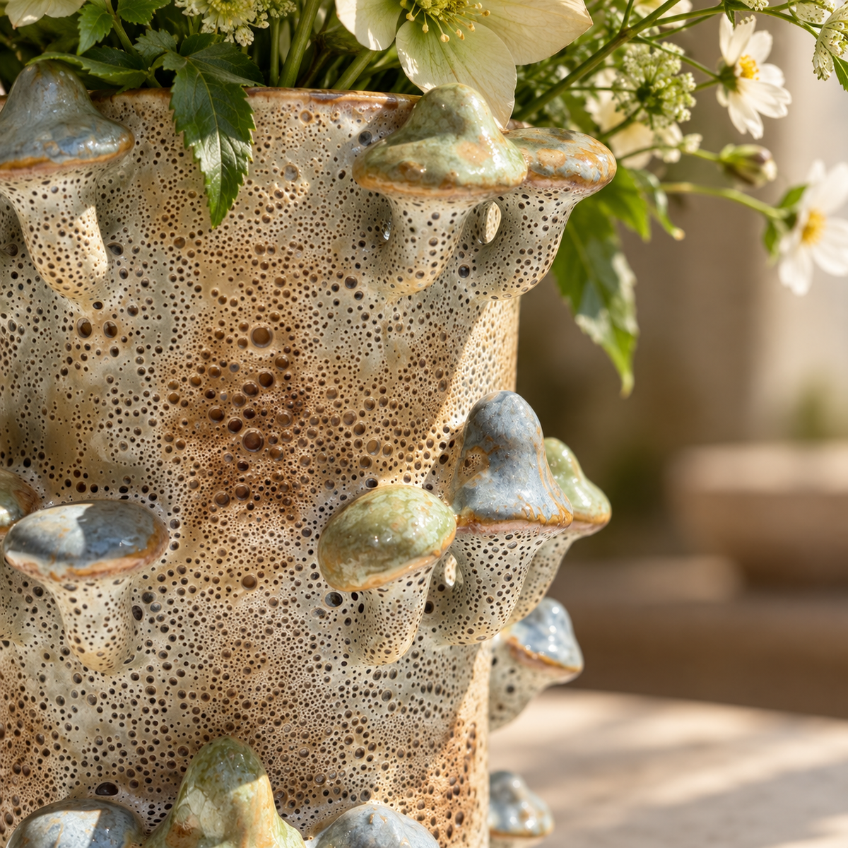 Handmade Ceramic Mushroom Vase with Coral Effect in Blue and Green 22.5cm