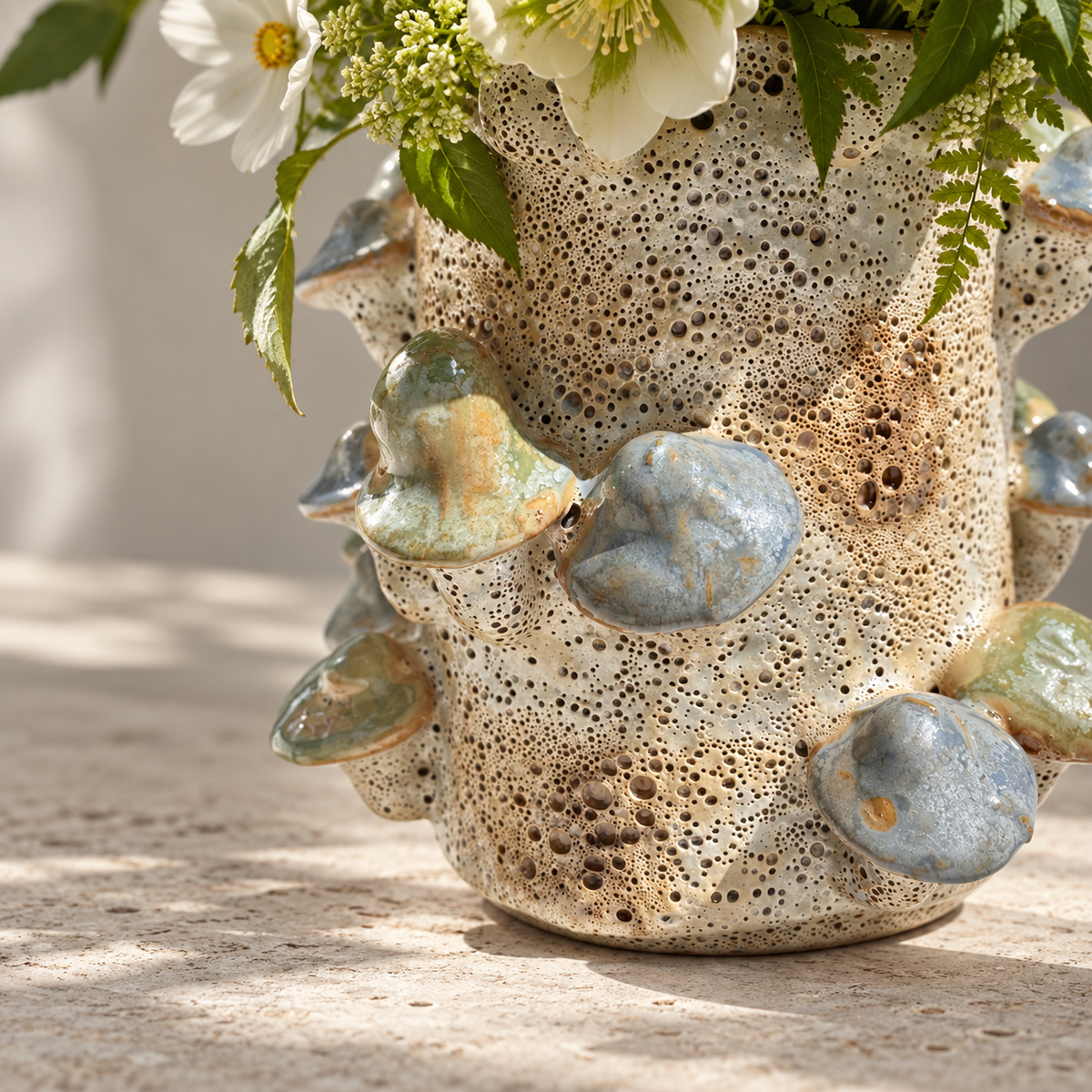 Handmade Ceramic Mushroom Vase with Coral Effect in Blue and Green 22.5cm