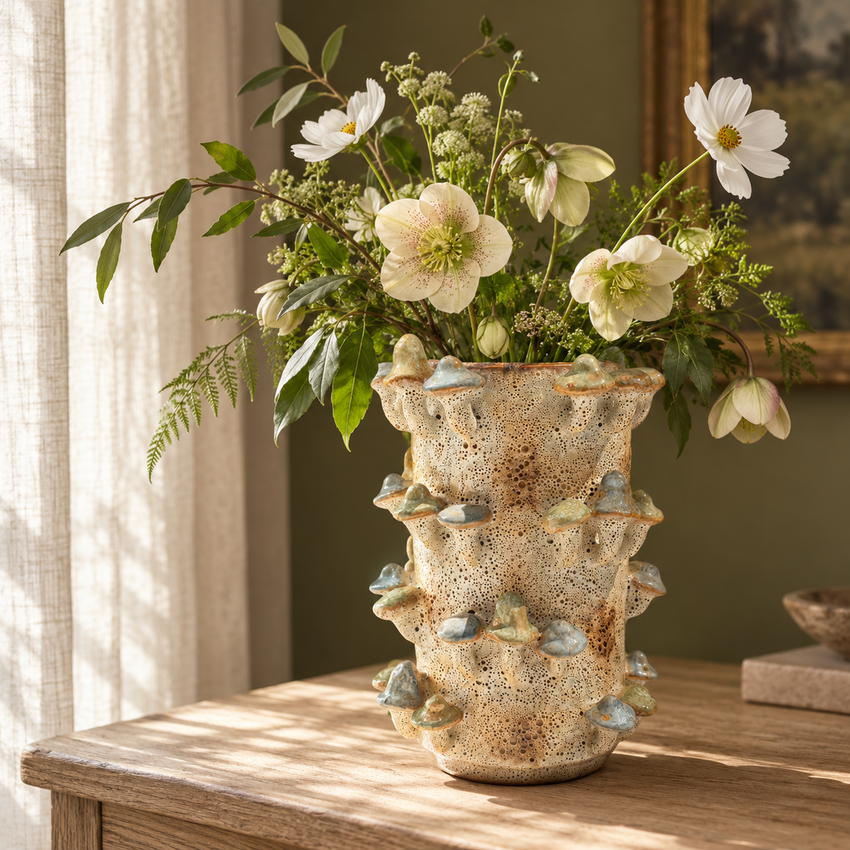 Handmade Ceramic Mushroom Vase with Coral Effect in Blue and Green 22.5cm