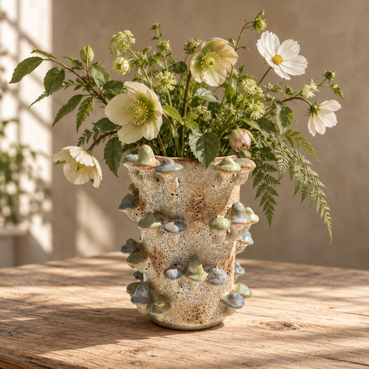Handmade Ceramic Mushroom Vase with Coral Effect in Blue and Green 22.5cm