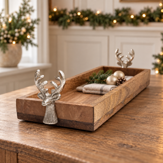 Luxury Wooden Christmas Display Tray with Stag Head Handles