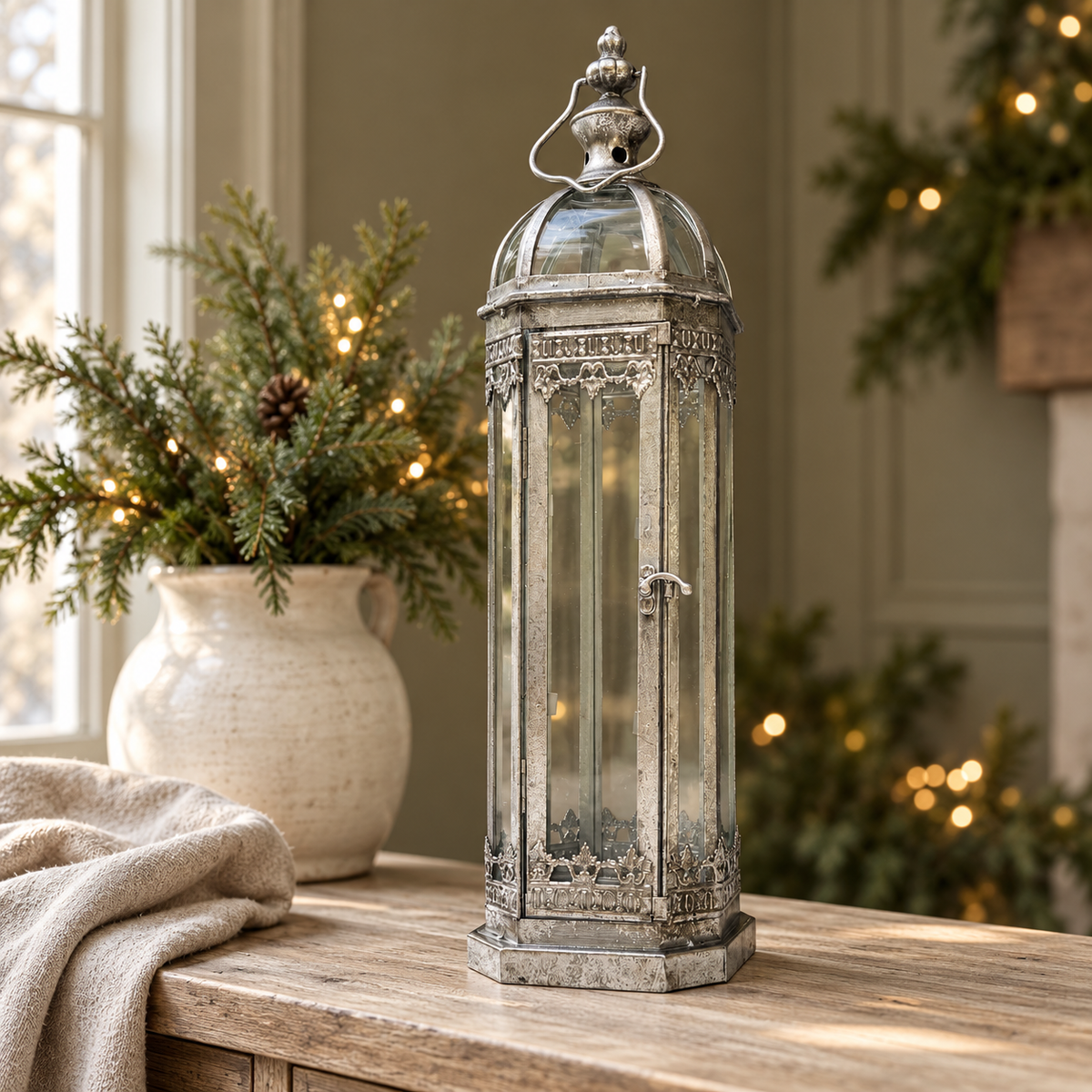 Fairmont Tall Silver Glass & Metal Lantern – 48cm