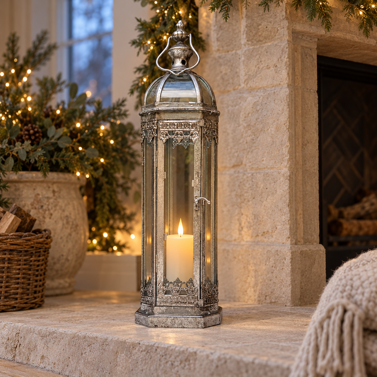 Fairmont Tall Silver Glass & Metal Lantern – 48cm