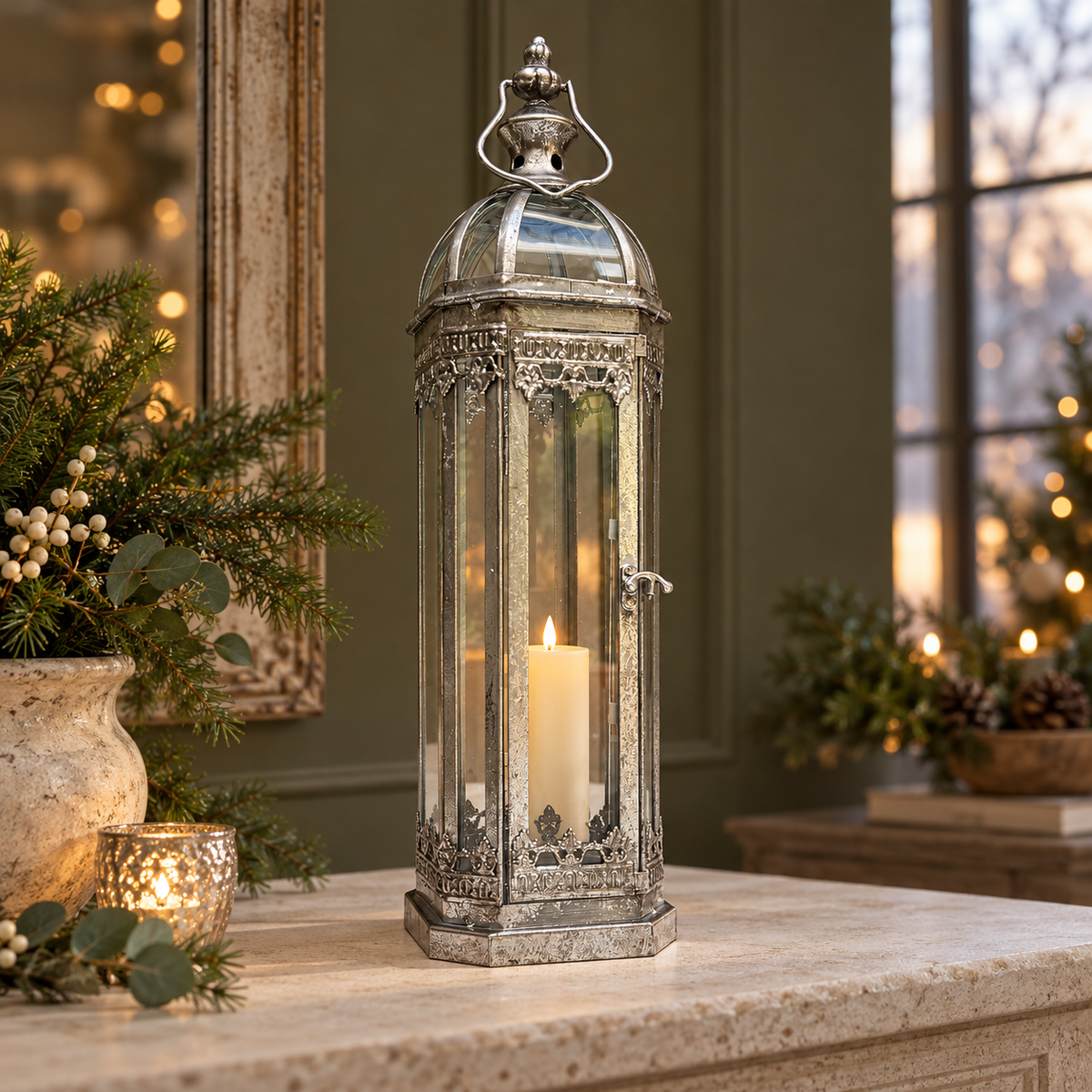 Fairmont Tall Silver Glass & Metal Lantern – 48cm