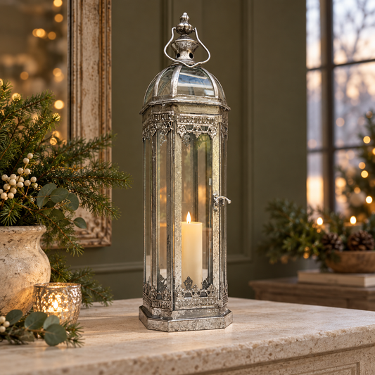Fairmont Tall Silver Glass & Metal Lantern – 48cm