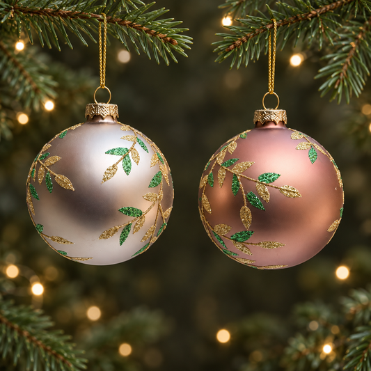 Matte glass Christmas bauble with green and gold glittered leaves