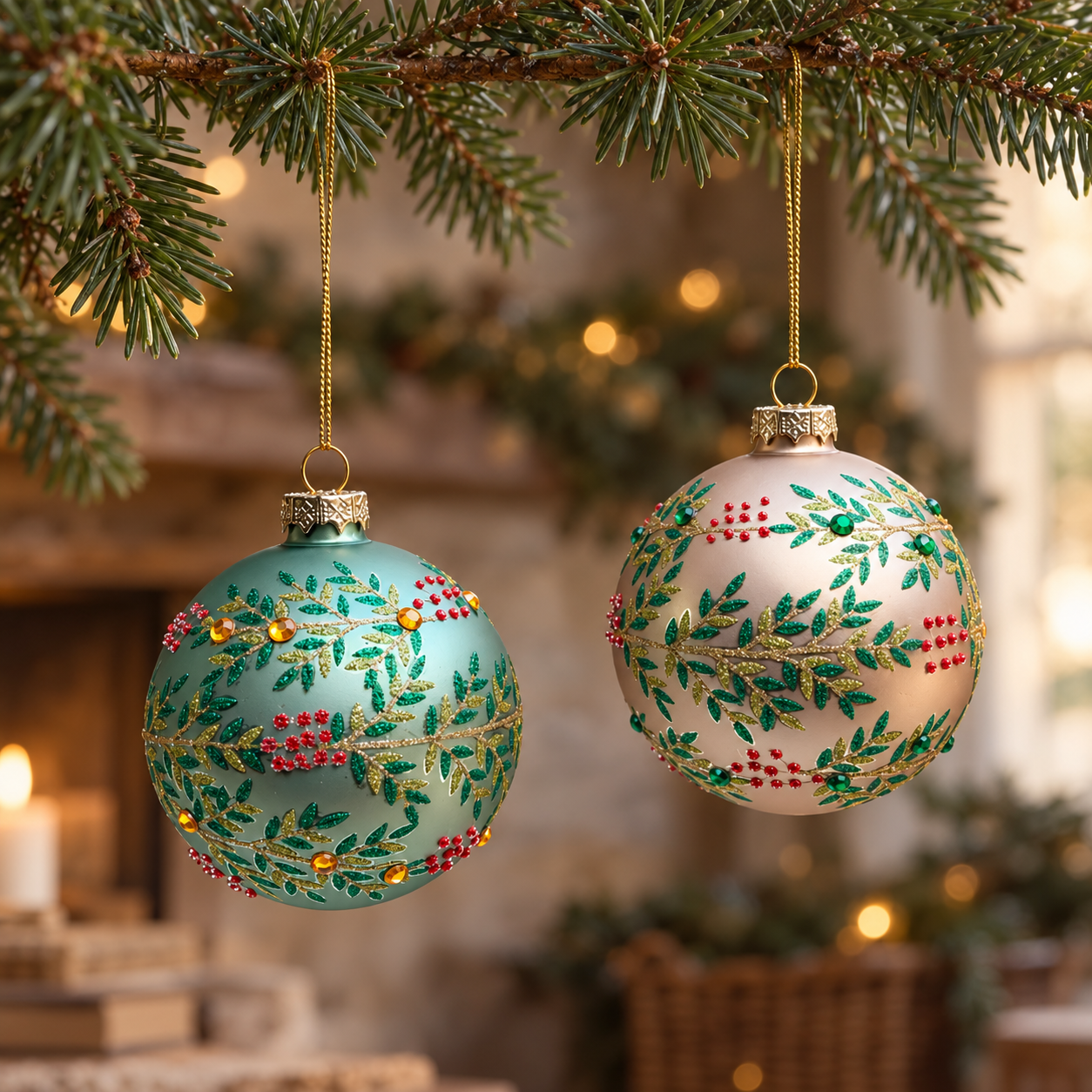 Glass Christmas bauble with glittered holly leaves and red berry details