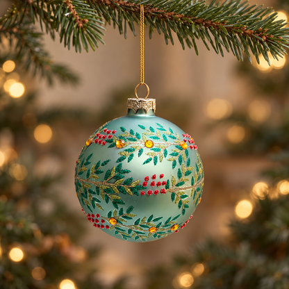 Glass Christmas bauble with glittered holly leaves and red berry details