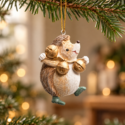 Mini resin hedgehog Christmas bauble with gold bell details